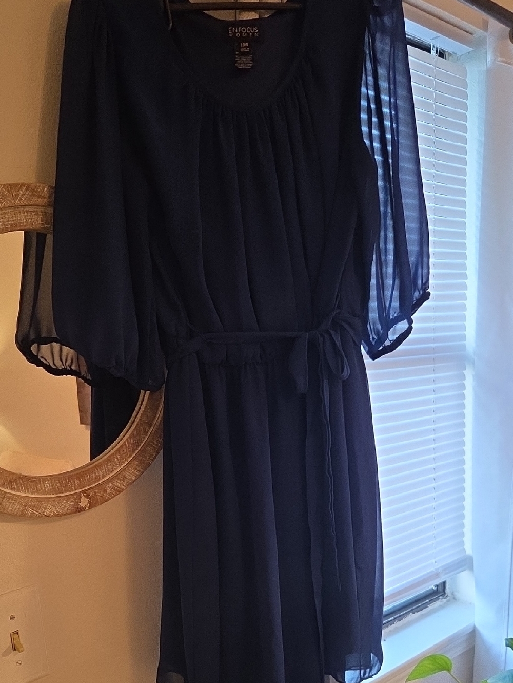 Enfocus Studio Navy Sheer Long Sleeve Belted Dress